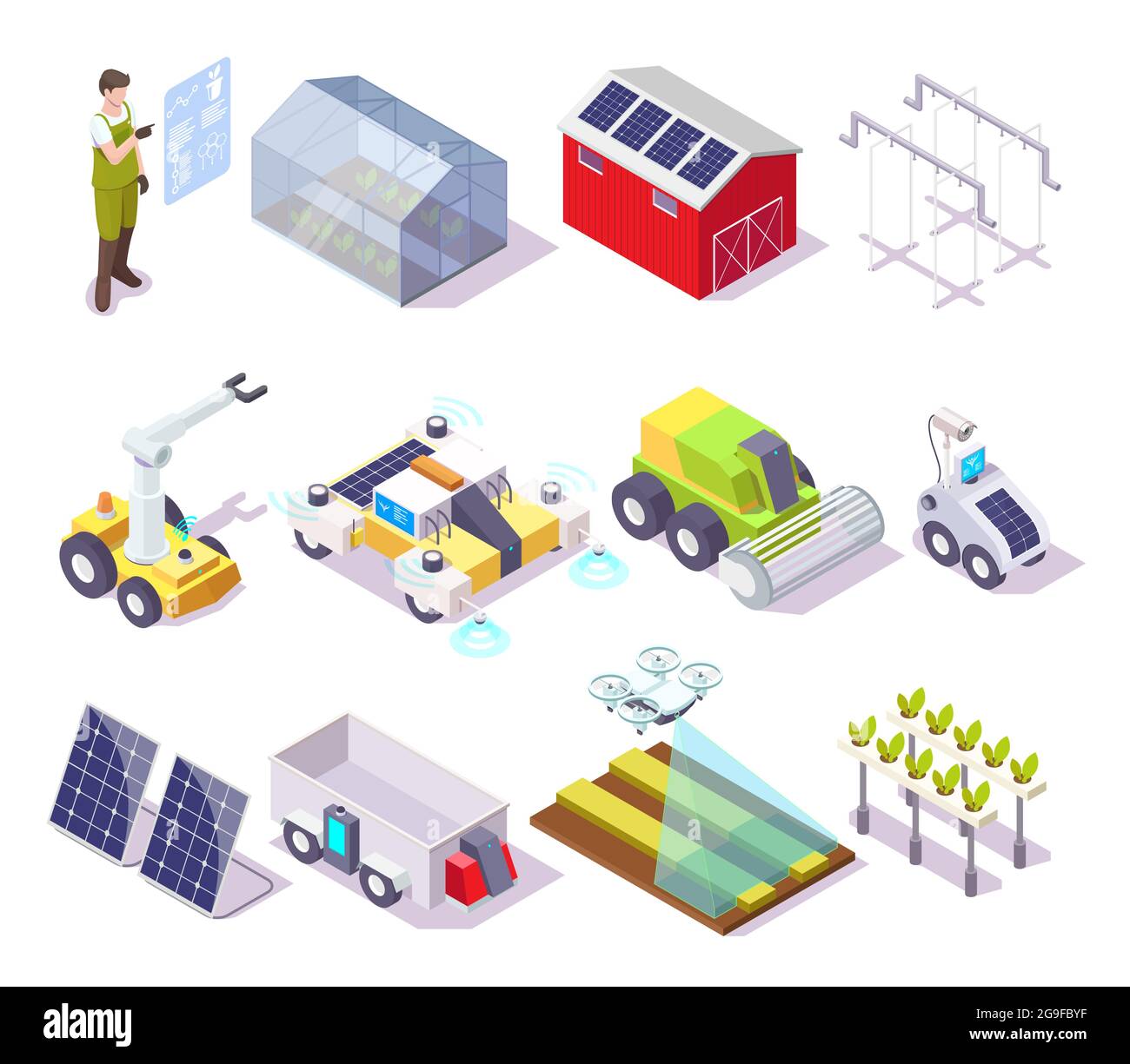Smart farm, vector isometric icon set. Farmer, drone, greenhouse, solar ...