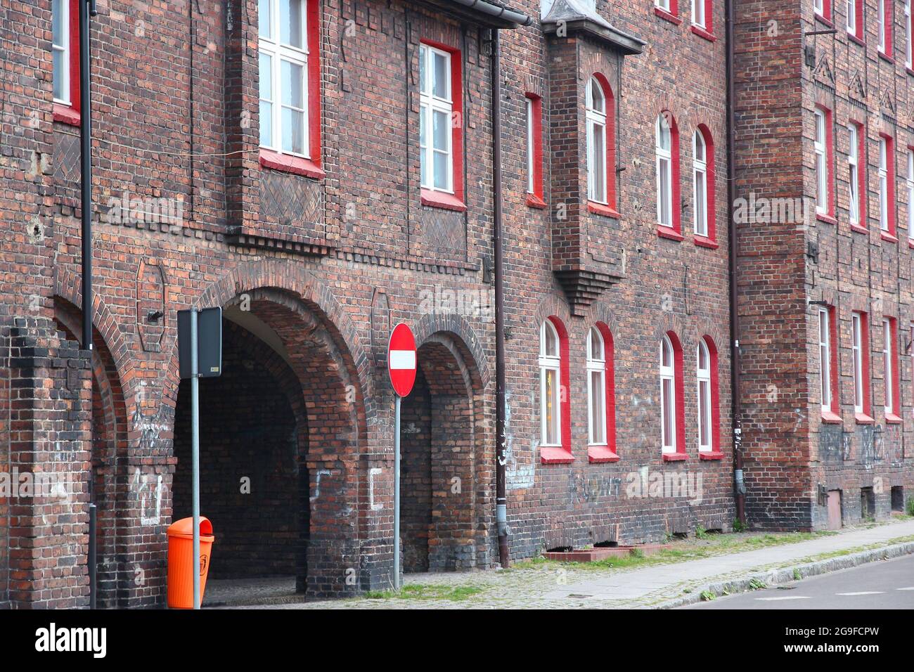 Katowice city in Silesia region in Poland. Old brick architecture in Nikiszowiec historical district. Stock Photo