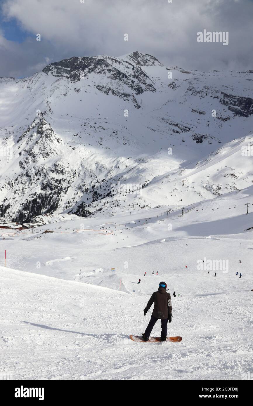HINTERTUX, AUSTRIA - MARCH 10, 2019: Ski piste at Hintertux Glacier ski resort in Tyrol region, Austria. The resort is located in Zillertal valley of Stock Photo