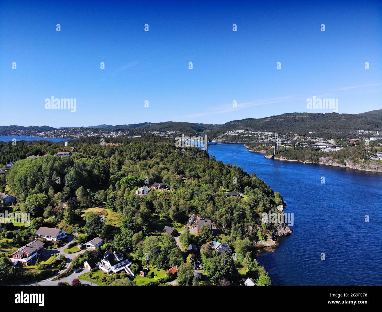 Norway drone view. Krossneset village in Alver municipality. Flatoy island and Kvernafjorden fjord. Stock Photo