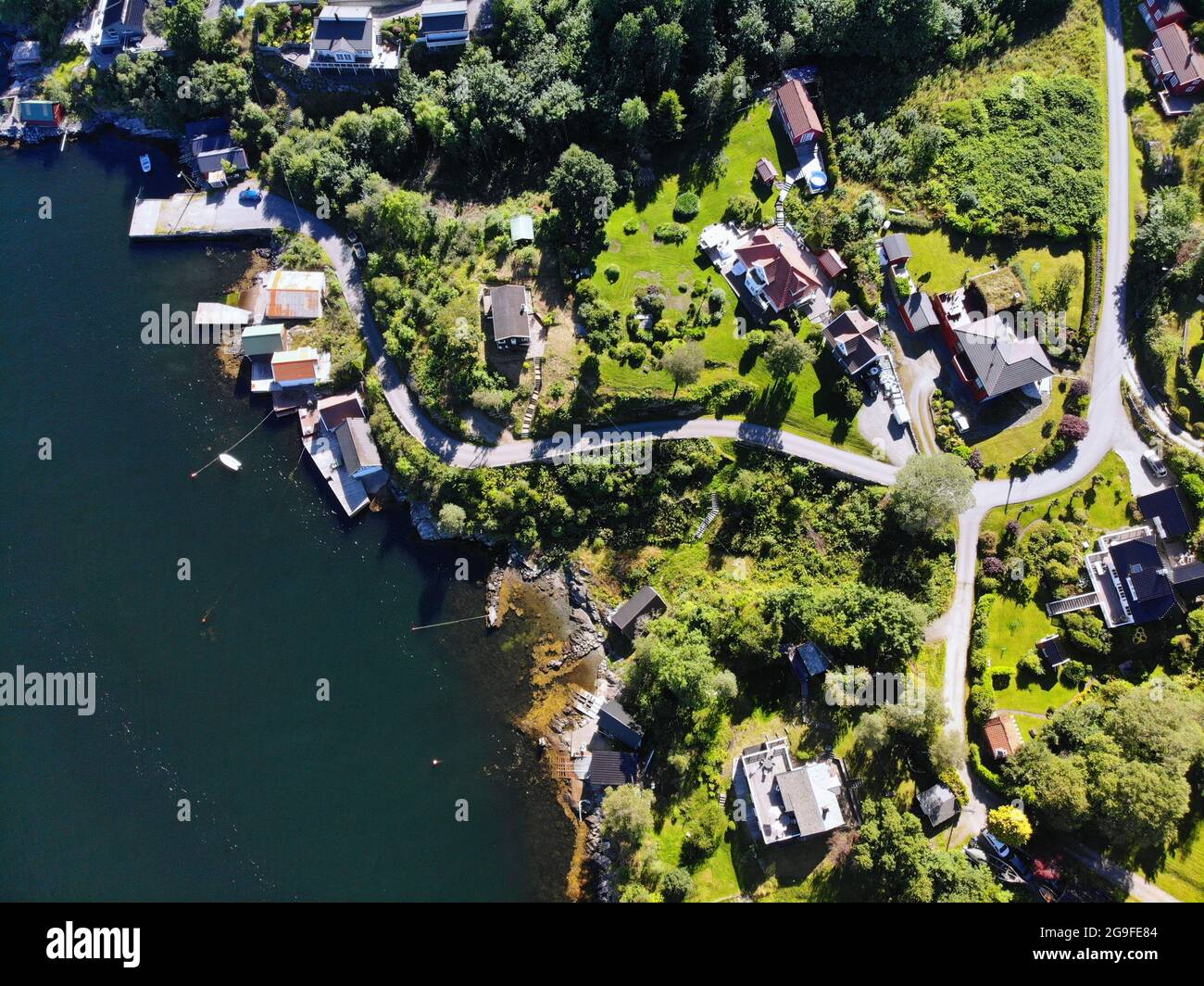 Norway drone view. Krossneset village in Alver municipality. Flatoy island and Salhusfjorden fjord. Stock Photo