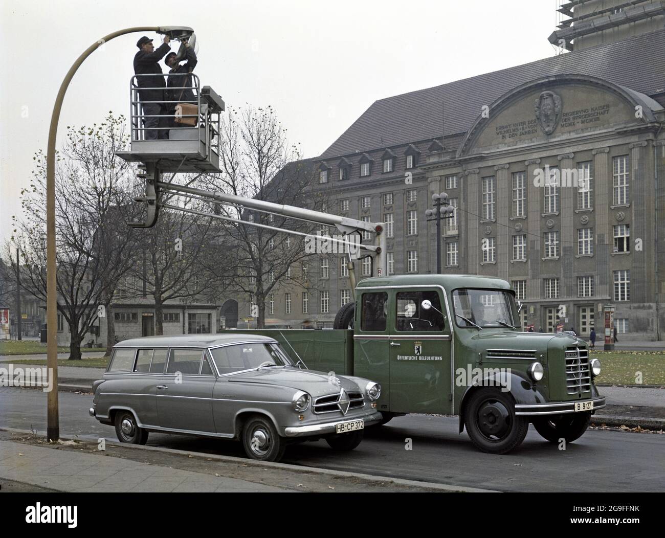 transport, car, Borgward Isabella Combi, city hall Berlin Spandau, Germany, 1957, ADDITIONAL-RIGHTS-CLEARANCE-INFO-NOT-AVAILABLE Stock Photo