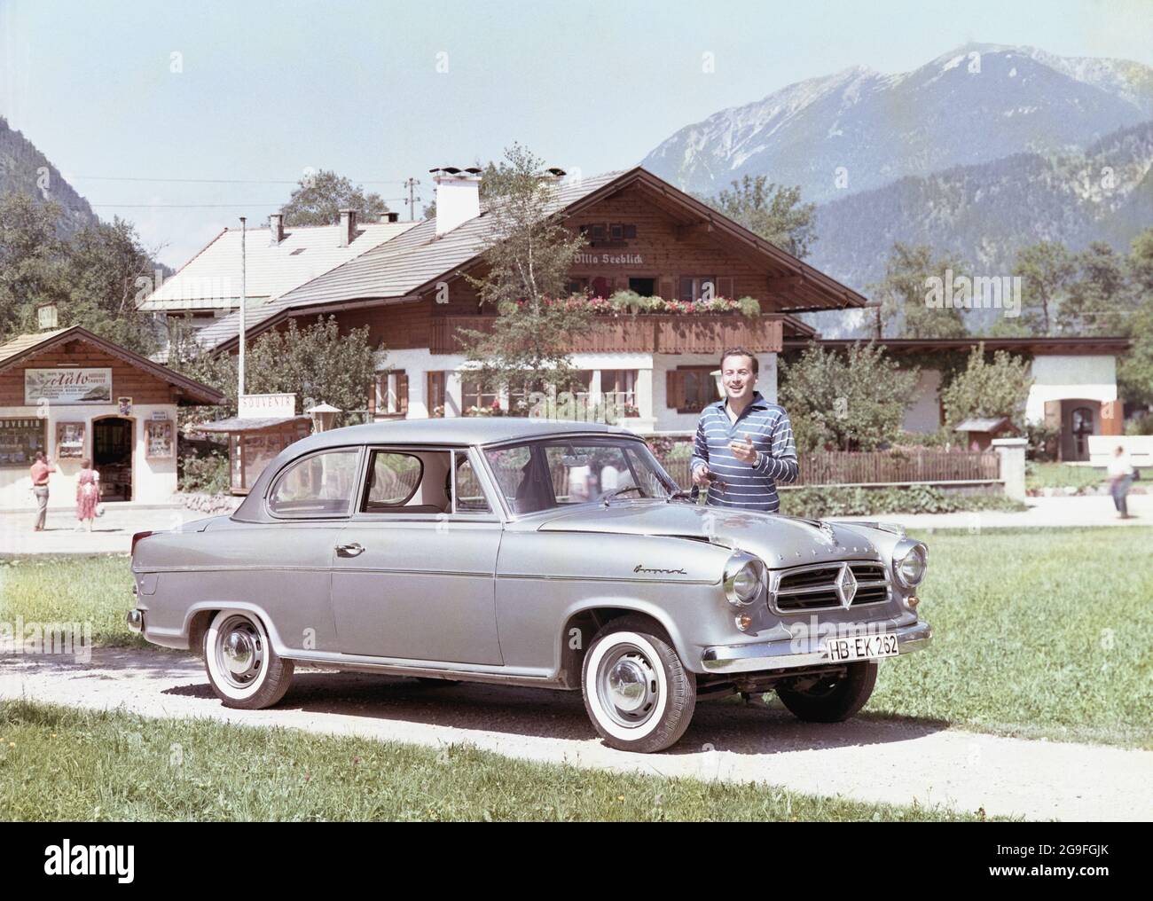 transport, car, Borgward Isabella TS, in front of the villa sea view, Bavaria, 1959, ADDITIONAL-RIGHTS-CLEARANCE-INFO-NOT-AVAILABLE Stock Photo