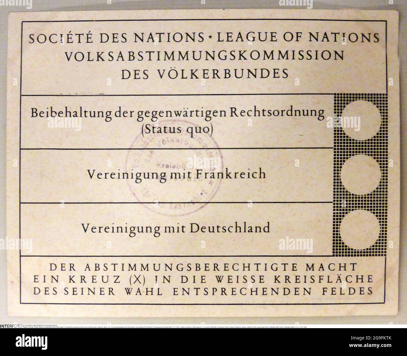 politics, elections, Saar plebiscite, ballot card, Plebiscite Commission of the League of Nations, EDITORIAL-USE-ONLY Stock Photo