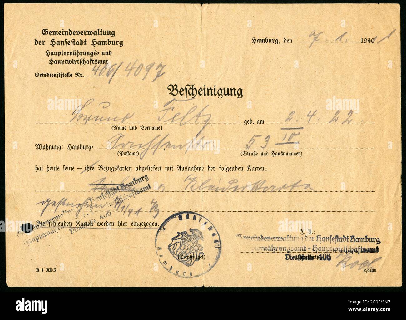 Europe, Germany, Hamburg, confirmation about the return of ration cards except for ration cards for clothes, EDITORIAL-USE-ONLY Stock Photo