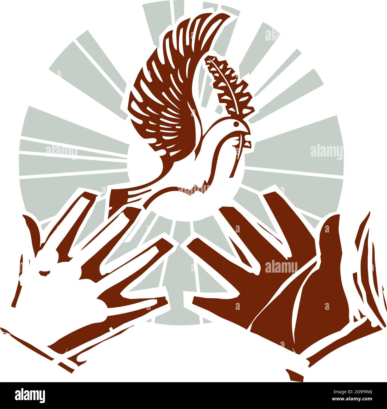 Woodcut expressionist style dove of peace flying with a olive branch from open hands. Stock Vector