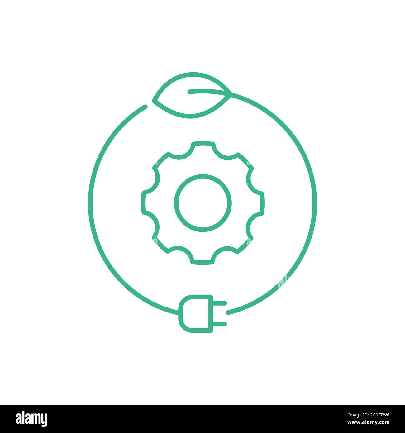 Green industry icon. Gear inside circle with leaf and electric plug ...