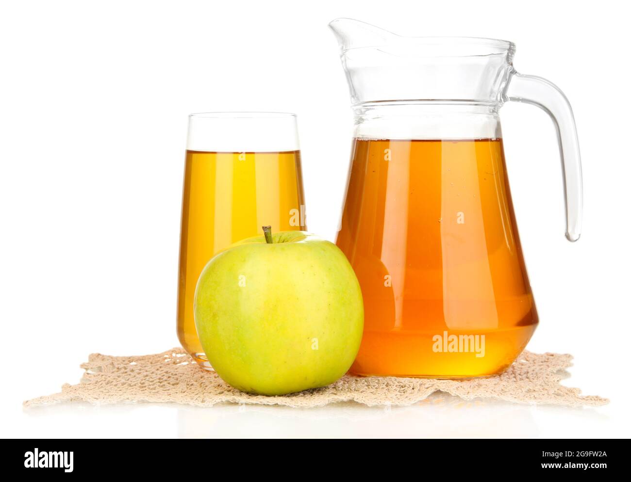 Full glass and jug of apple juice and apple isolted on white Stock ...