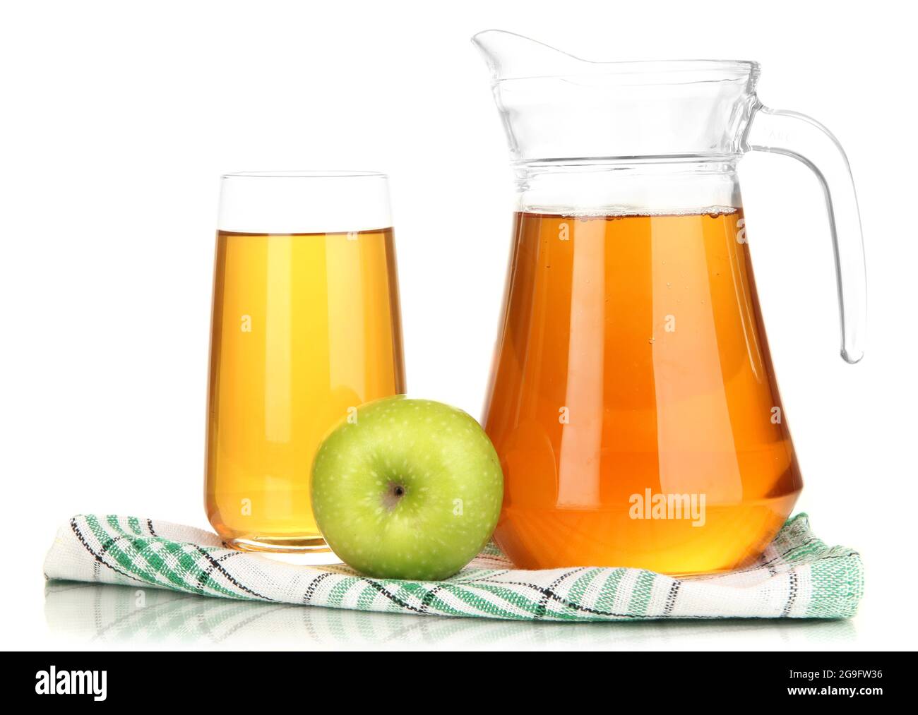 Full glass and jug of apple juice and apples isolted on white Stock