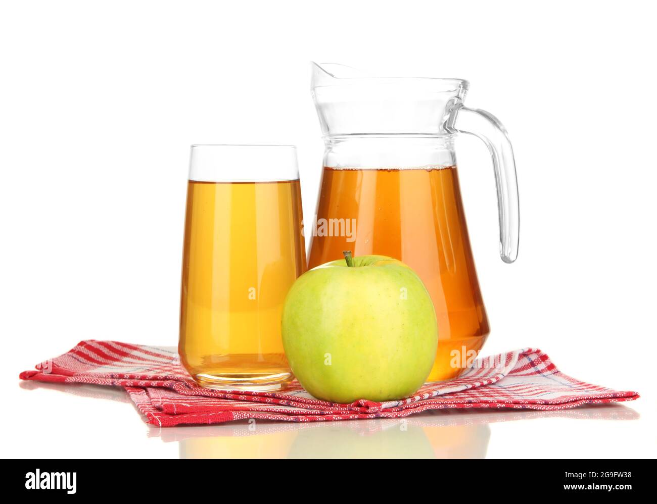 Full glass and jug of apple juice and apples isolted on white Stock