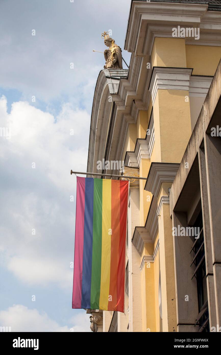 rainbow flag at the Ursulinen church Sankt Corpus Christi on the Machabaeerstreet, Cologne, Germany.  Regenbogenfahne an der Ursulinenkirche Sankt Cor Stock Photo