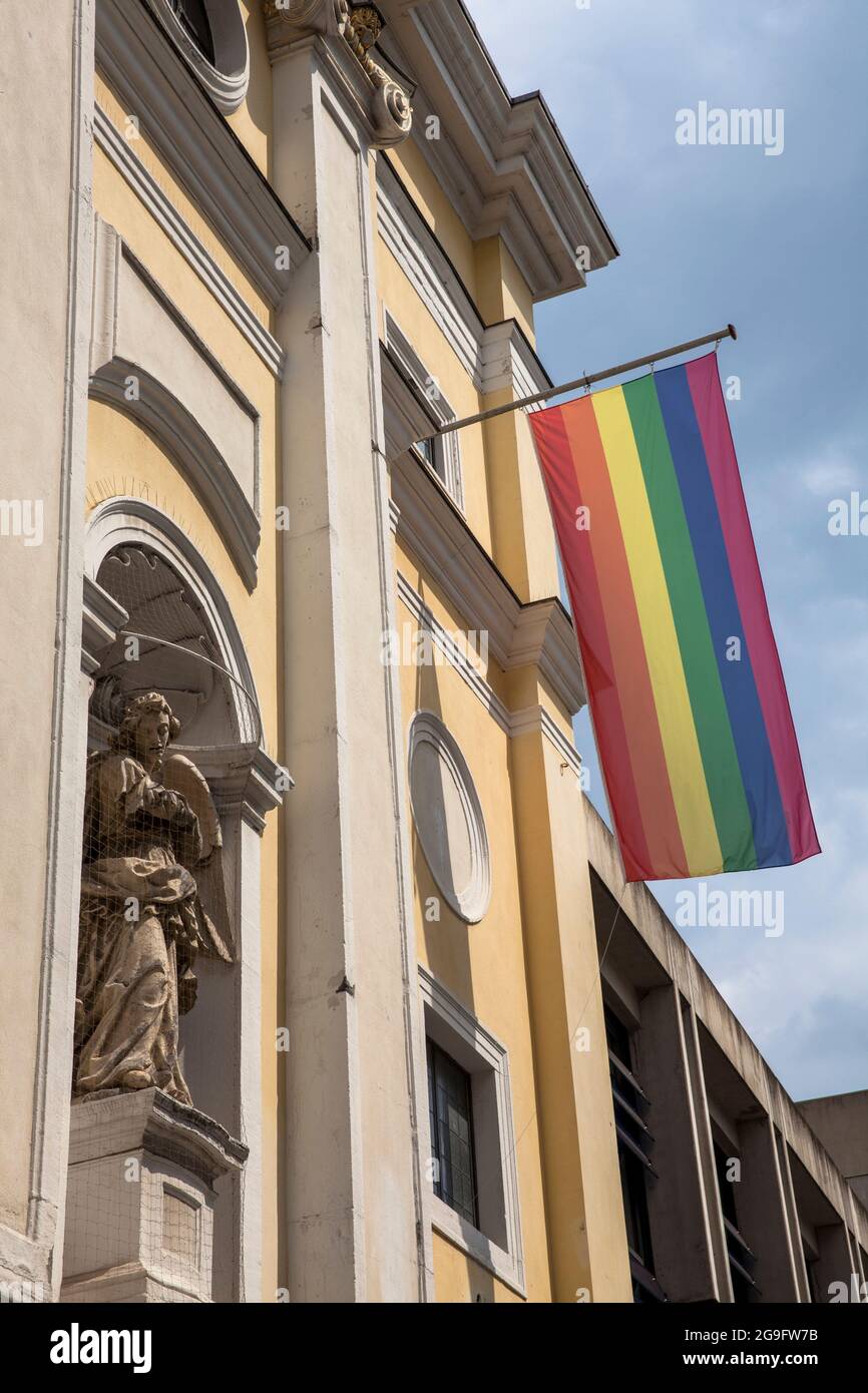 rainbow flag at the Ursulinen church Sankt Corpus Christi on the Machabaeerstreet, Cologne, Germany.  Regenbogenfahne an der Ursulinenkirche Sankt Cor Stock Photo