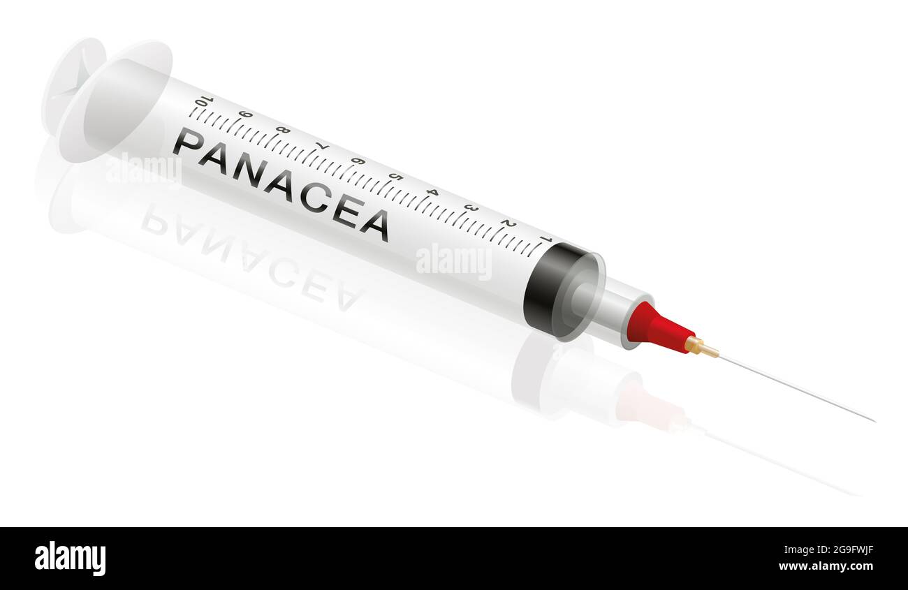 Panacea syringe, a medical universal remedy fake product to promise miracle cure, assured health or other wonders concerning healing issues. Stock Photo