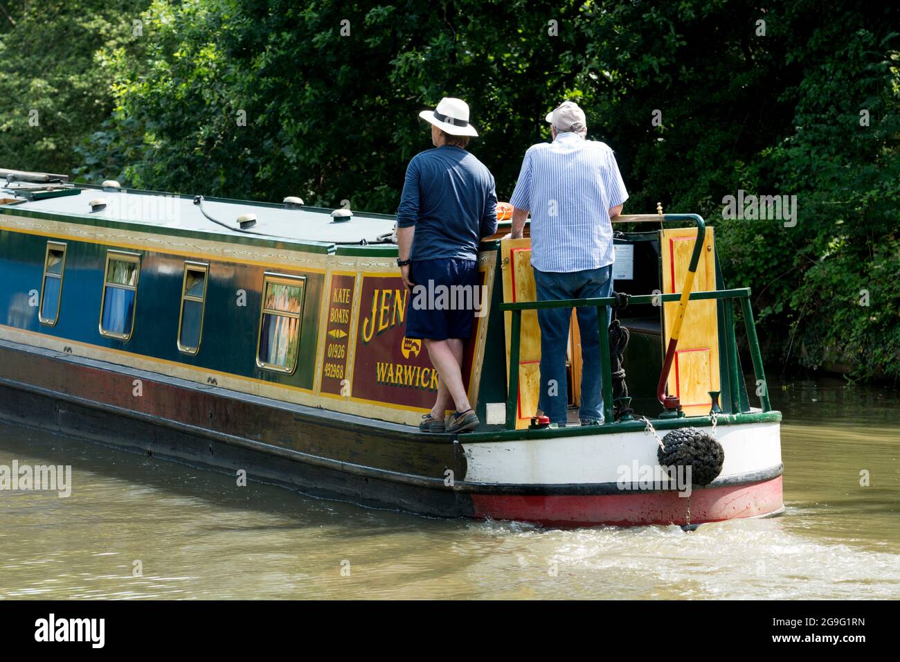 A Kate Boats narrowboat on the Grand Union Canal, Warwick, UK Stock Photo