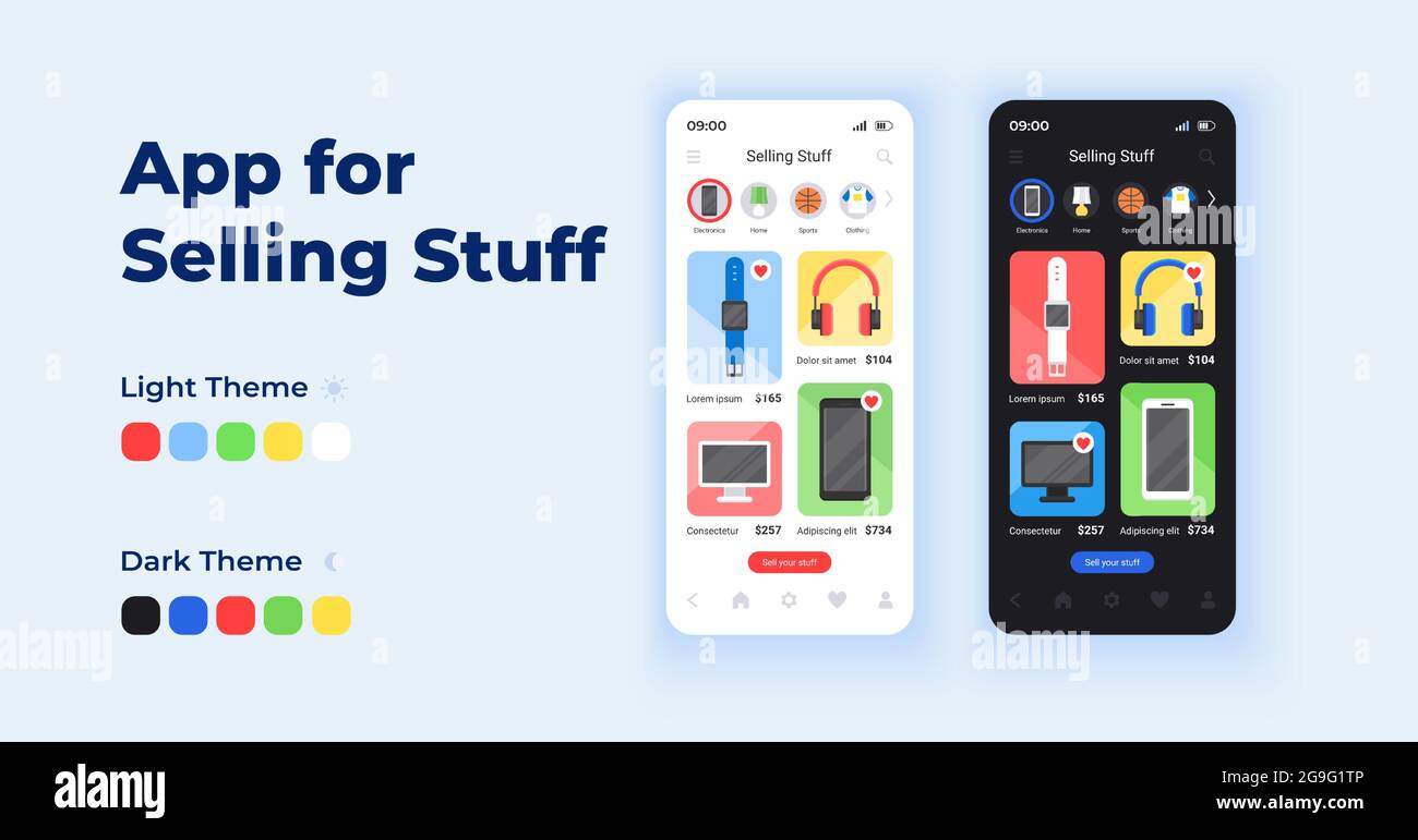 App for selling stuff cartoon smartphone interface vector templates set ...