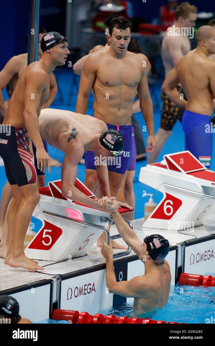 July 26, 2021, Tokyo, Japan Gold medal relay team of Caeleb Dressel