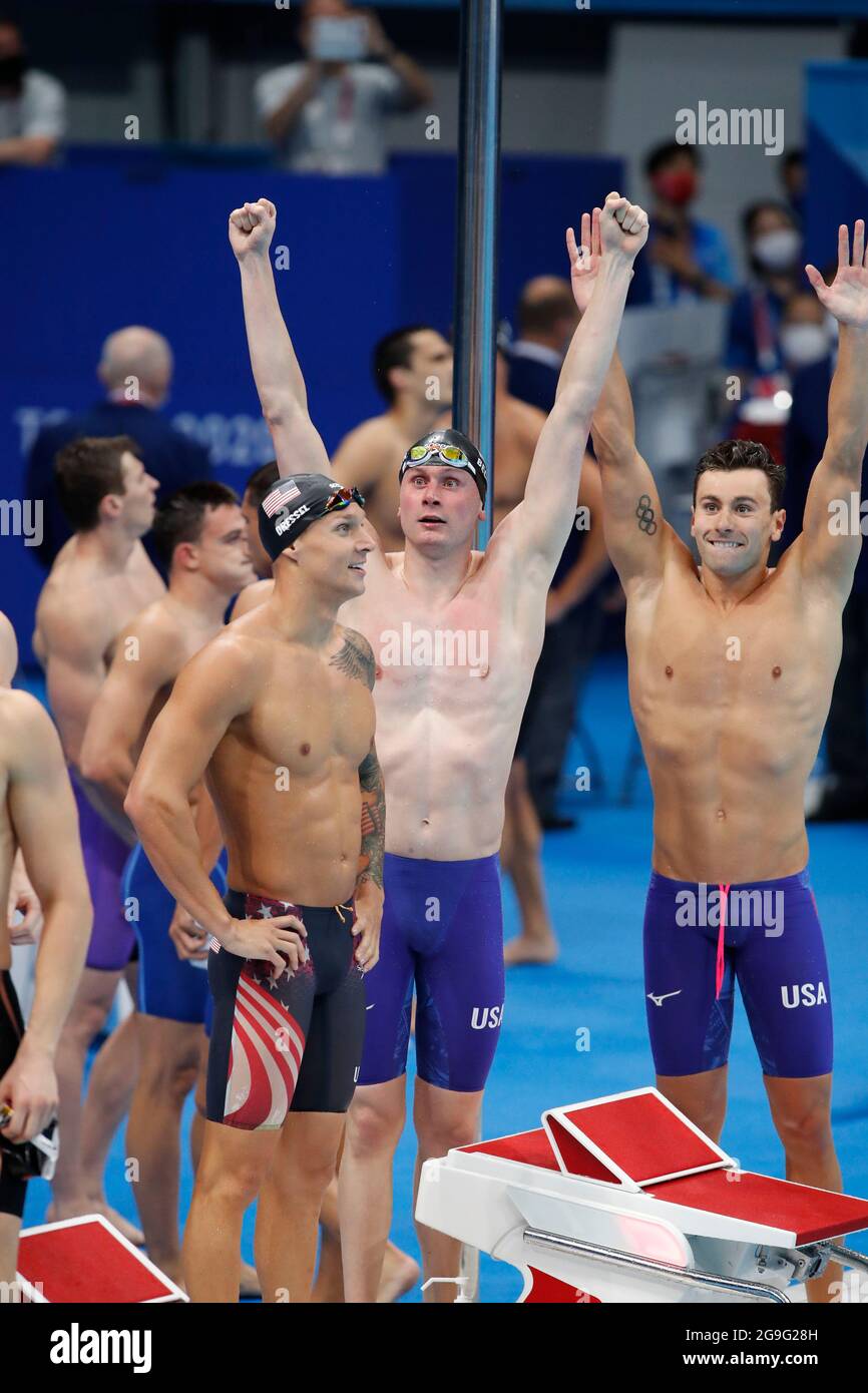 July 26, 2021, Tokyo, Japan Gold medal relay team of Caeleb Dressel
