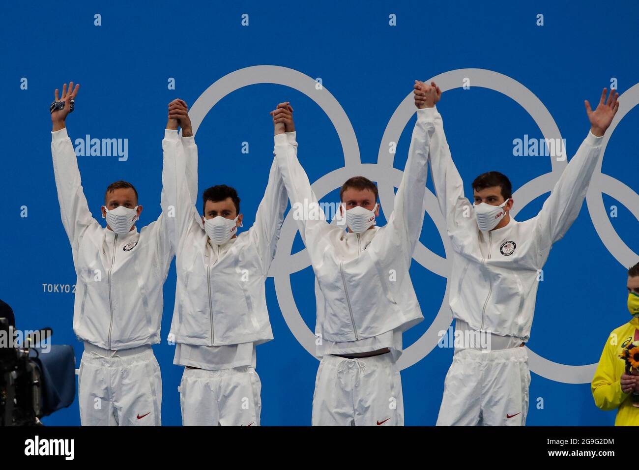 Tokyo, Japan. 26th July, 2021. Gold medal relay team of Caeleb Dressel ...