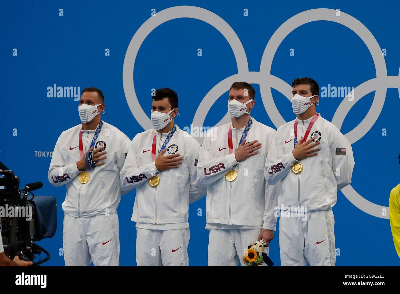 Tokyo, Japan. 26th July, 2021. Gold medal relay team of Caeleb Dressel ...