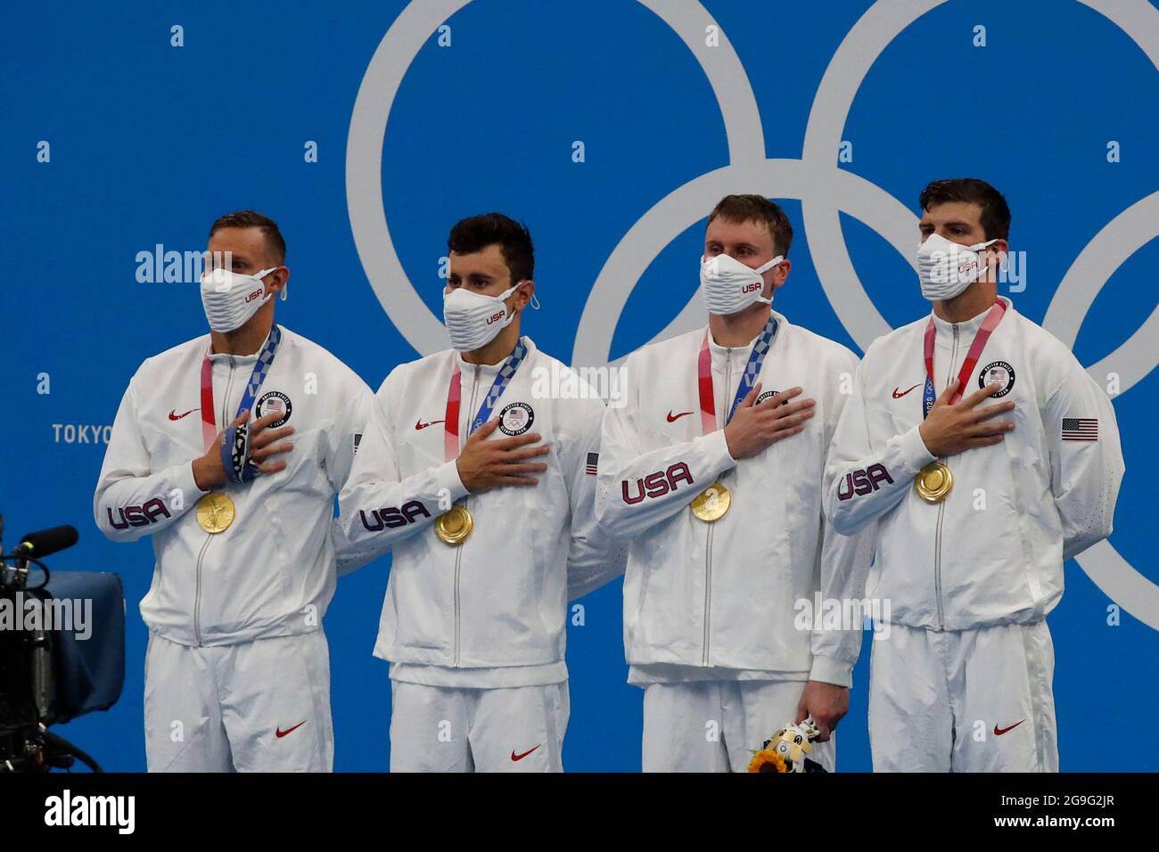 Tokyo, Japan. 26th July, 2021. Gold medal relay team of Caeleb Dressel ...