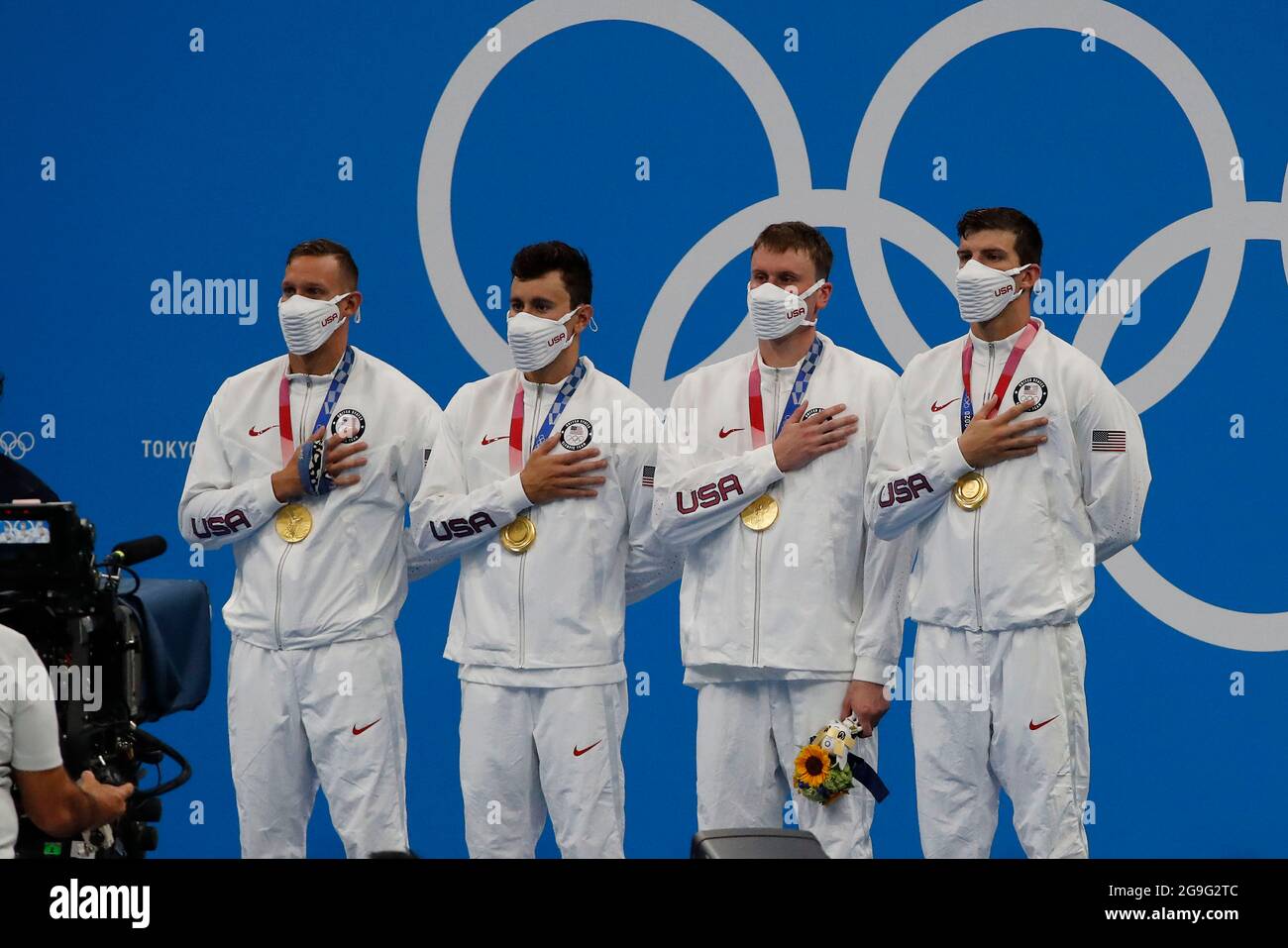 Tokyo, Japan. 26th July, 2021. Gold medal relay team of Caeleb Dressel ...