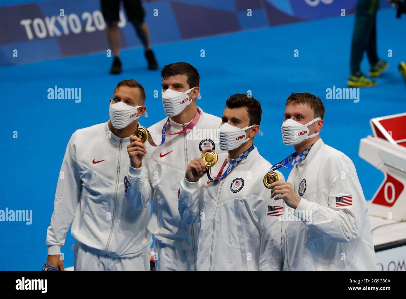 Tokyo, Japan. 26th July, 2021. Gold medal relay team of Caeleb Dressel ...