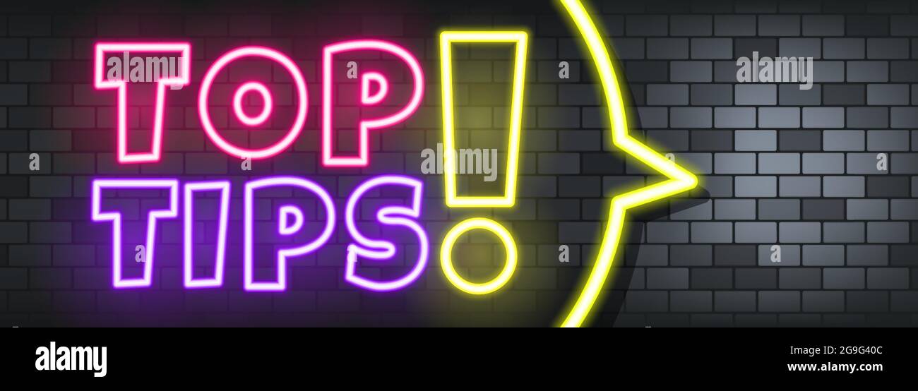 Top tips neon text on the stone background. Top tips. For business ...