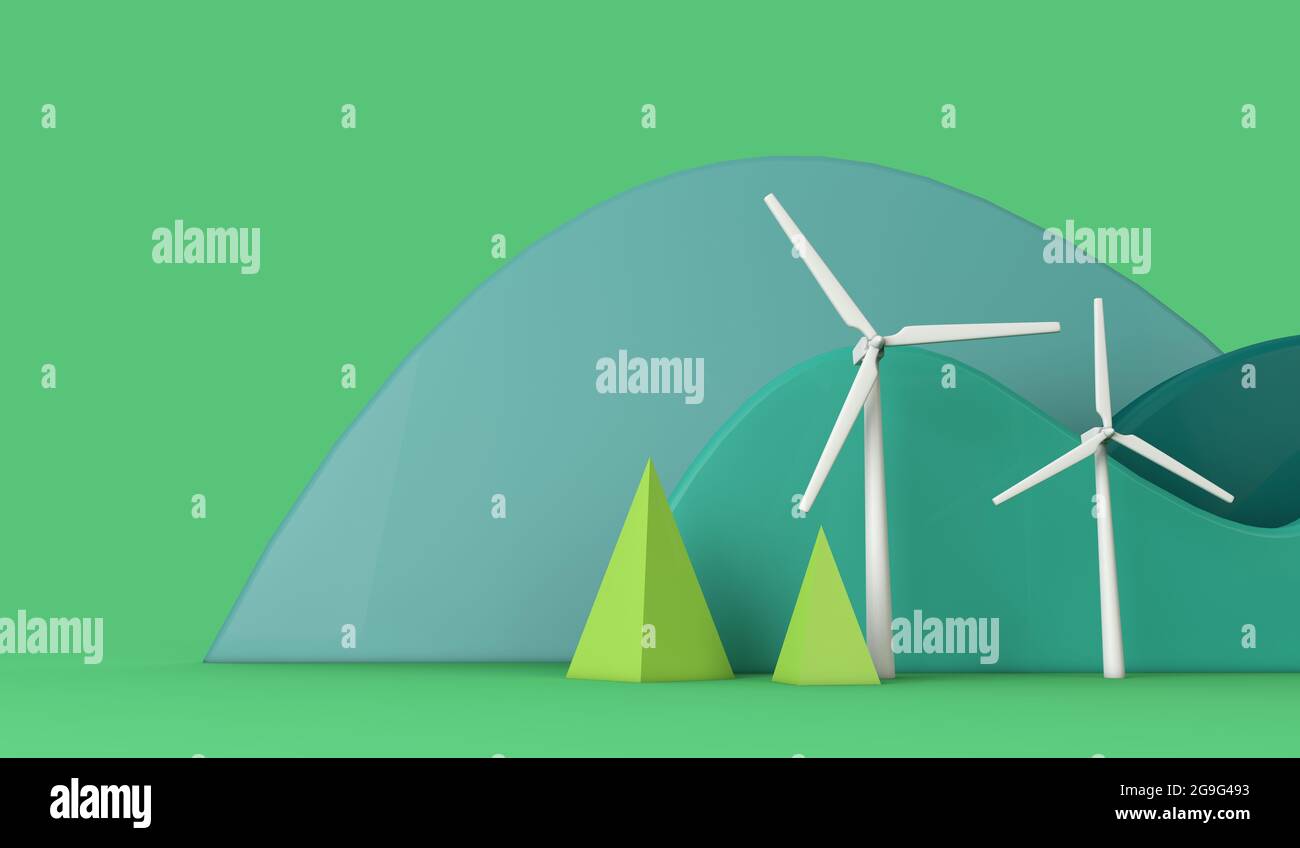 Sustainable energy wind turbine in an eco green landscape. 3D Rendering ...