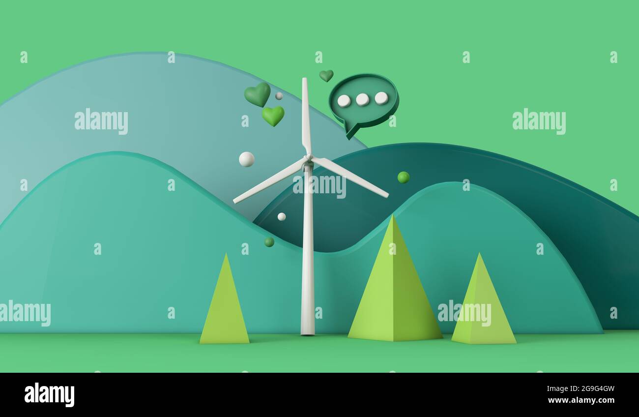 Sustainable energy wind turbine in an eco green landscape. 3D Rendering ...