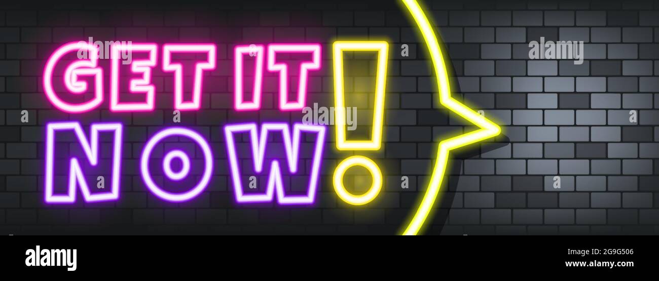 Get it now neon text on the stone background. Get it now. For business, marketing and advertising. Vector on isolated background. EPS 10. Stock Vector