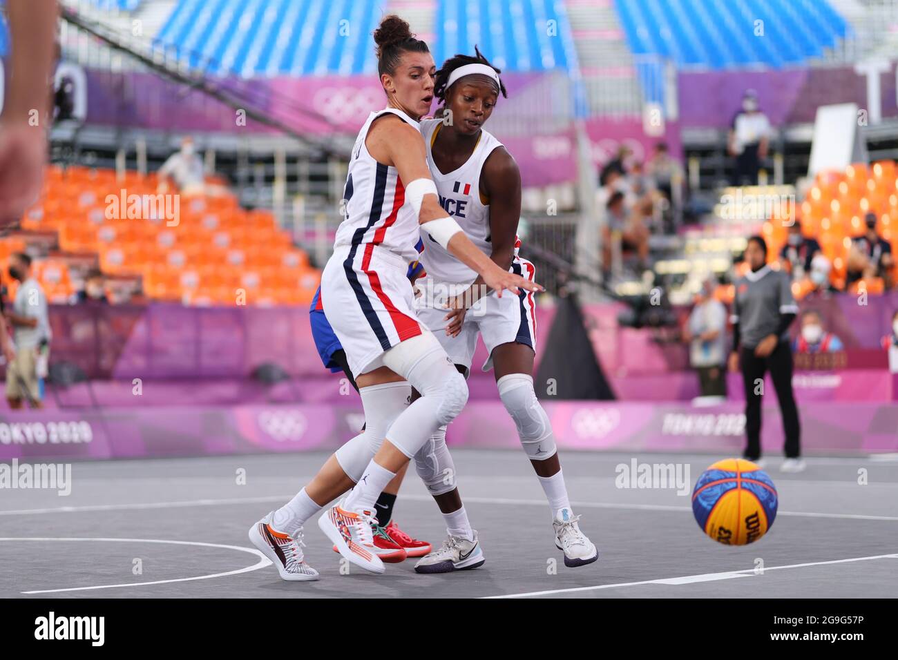 Tokyo, Japan. 26th July, 2021. (L to R) Laetitia Guapo, Mamignan Toure (FRA) 3x3 Basketball : Men's Pool round match between Japan 16-19 ROC during the Tokyo 2020 Olympic Games at the Aomi Urban Sports Park in Tokyo, Japan . Credit: Naoki Morita/AFLO SPORT/Alamy Live News Stock Photo