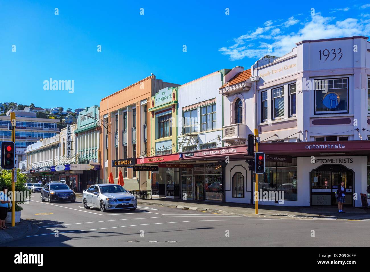 Napier, New Zealand. Historic 1930s Art Deco buildings on Hastings Street Stock Photo