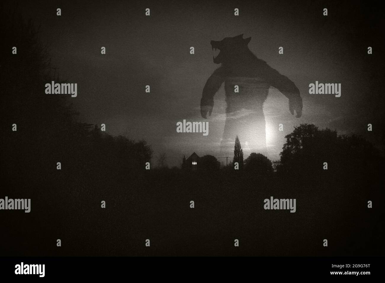 A horror concept.. Of a giant werewolf, standing above a house and ...