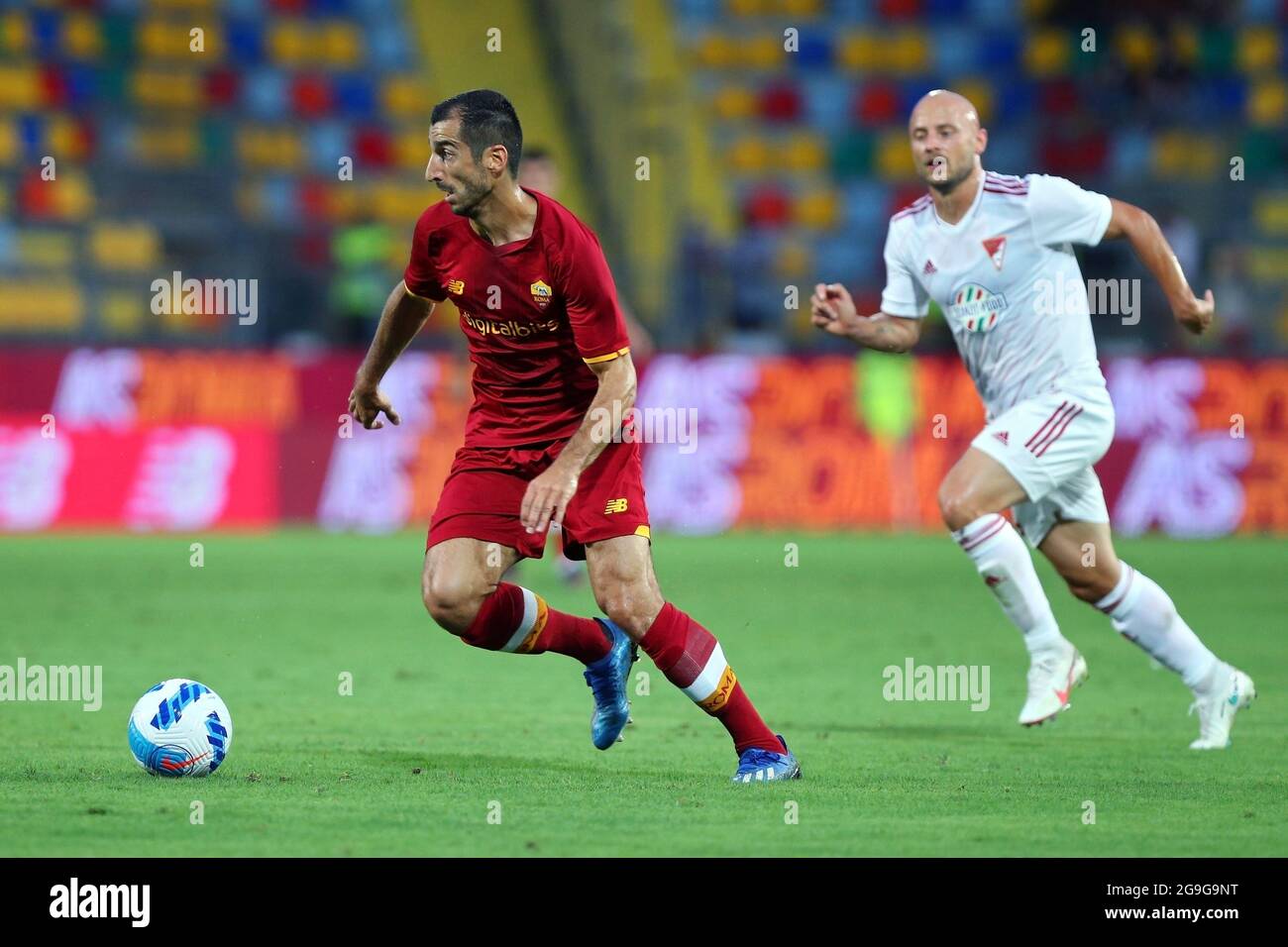 Henrikh Mkhitaryan of Roma (L) in action under pressure from Jozsef Varga of Debrecen (R) during the Friendly Pre-Season football match between AS Roma and Debrecen on July 25, 2021 at Stadio Benito Stirpe in Frosinone, Italy - Photo Federico Proietti / DPPI Stock Photo