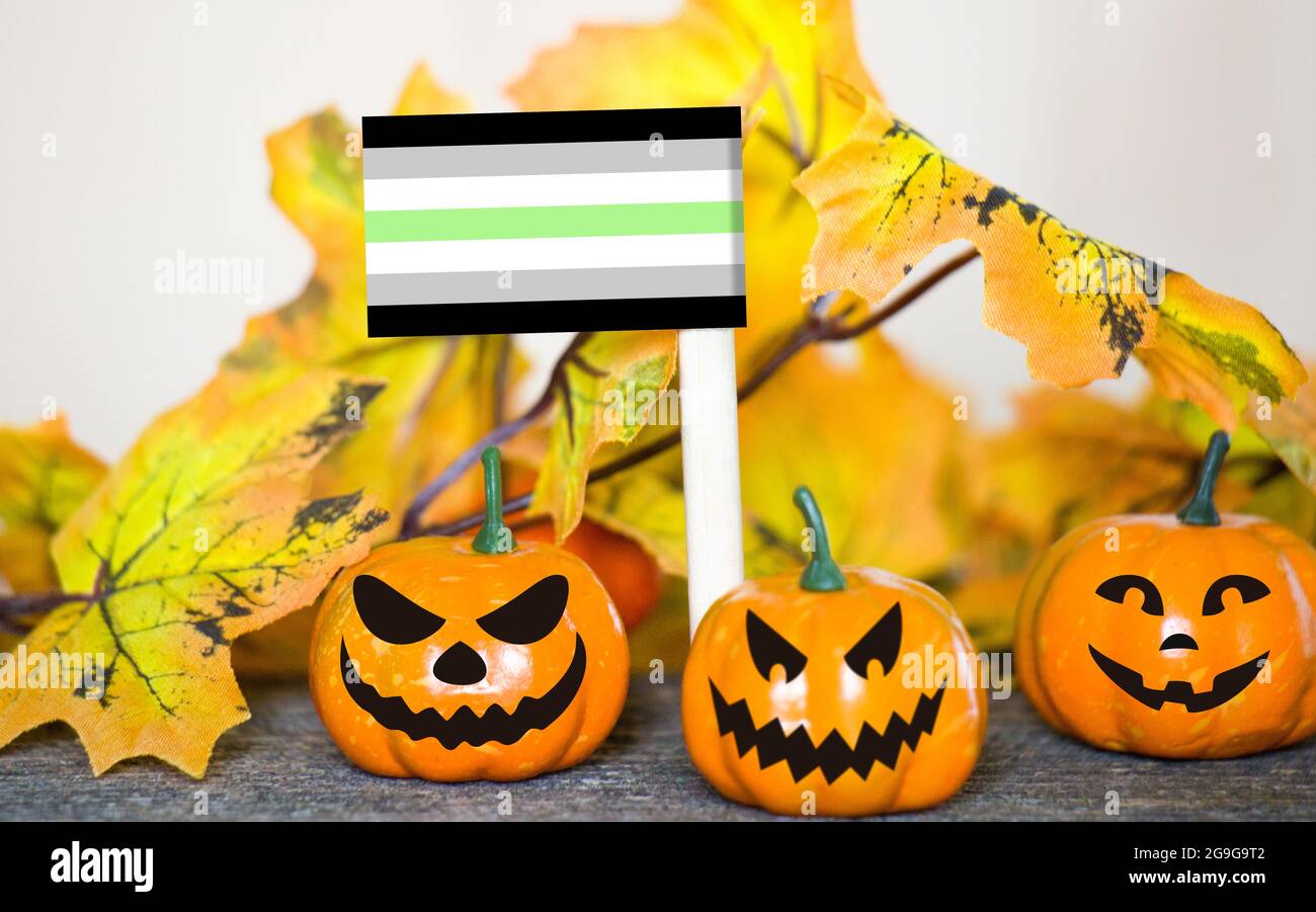 Colorful Halloween Background With Smiley Pumpkins And Toy Flag Of Agender Pride Stock Photo Alamy