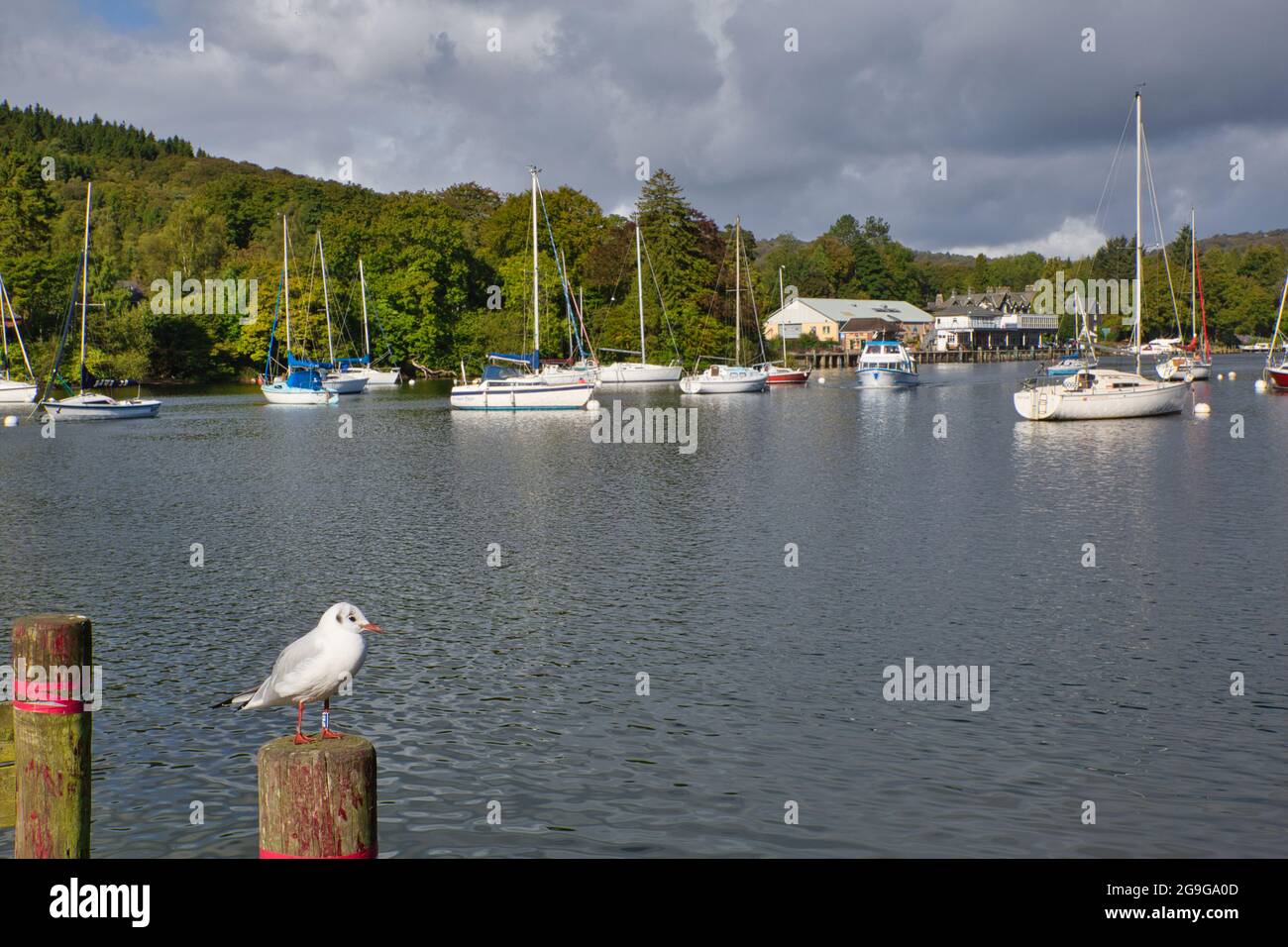 A lakeside scene with boats on their moorings in the Lake District, Cumbria, England, UK Stock Photo