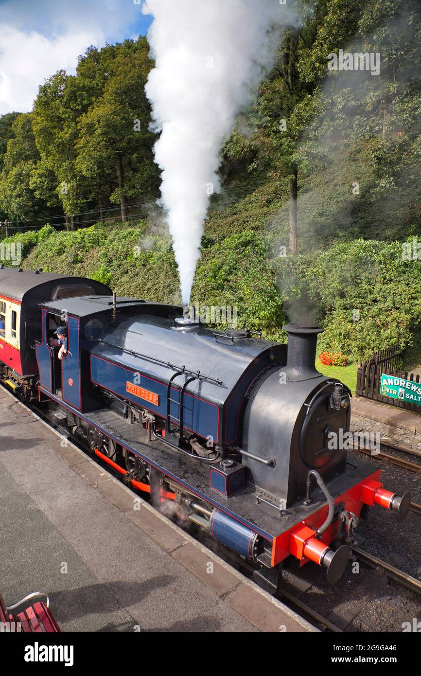 An old steam train at a station in the Lake District, Cumbria, England, UK Stock Photo