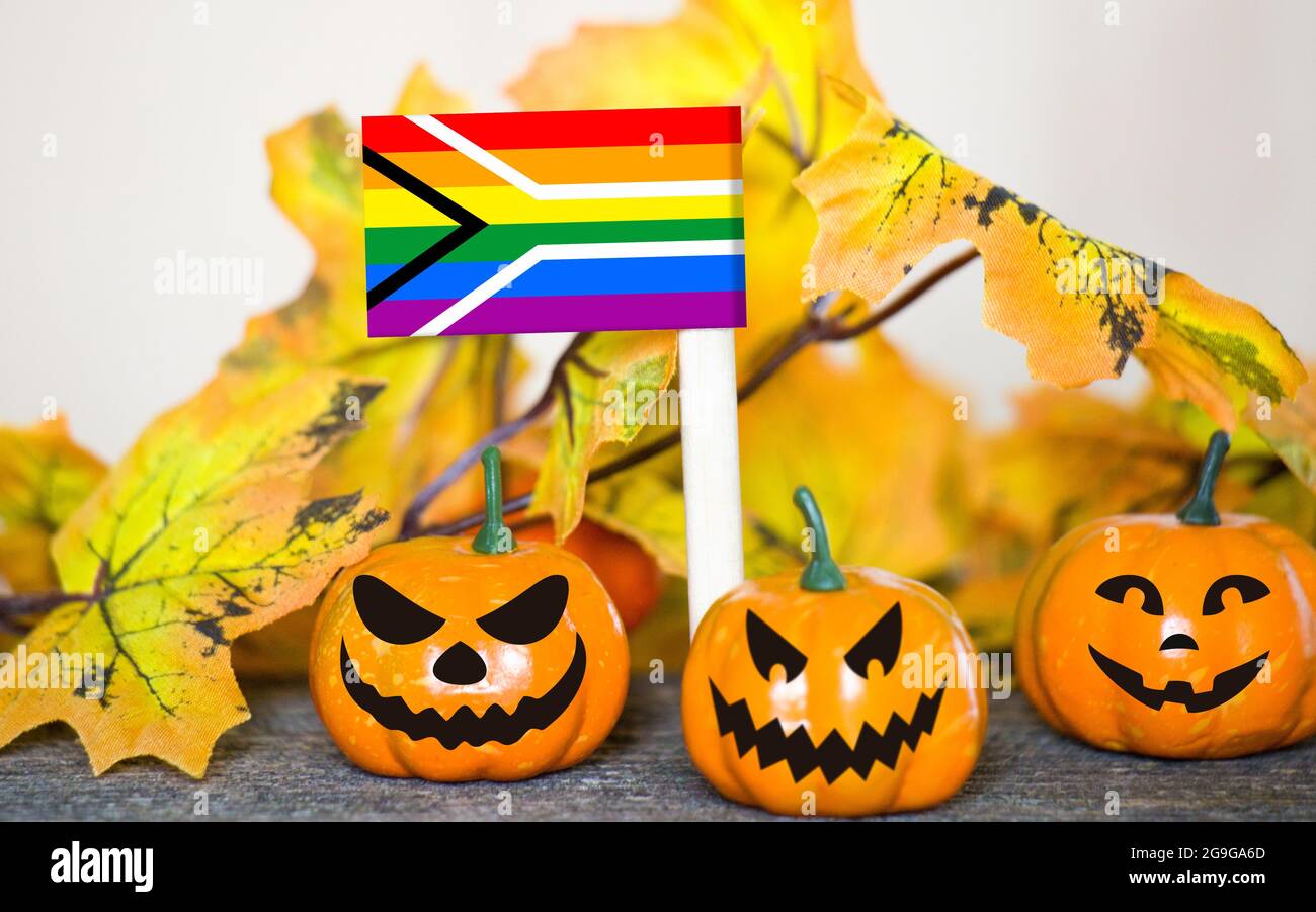 Colorful Halloween background with smiley pumpkins and toy flag of Gay pride Flag of South Africa Stock Photo - Alamy