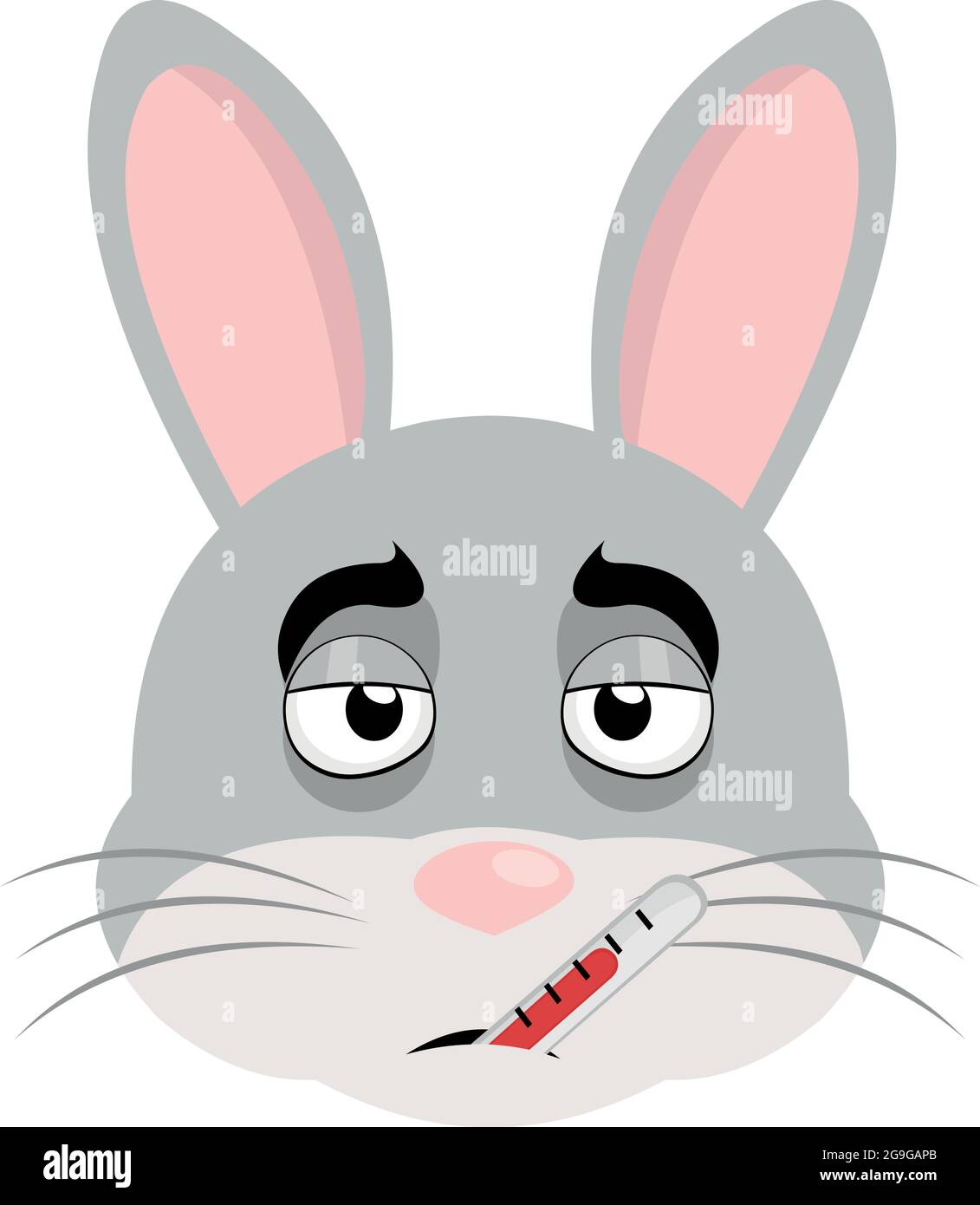 Vector illustration of an emoticon of the face of a cartoon rabbit with a fever and a thermometer in its mouth Stock Vector