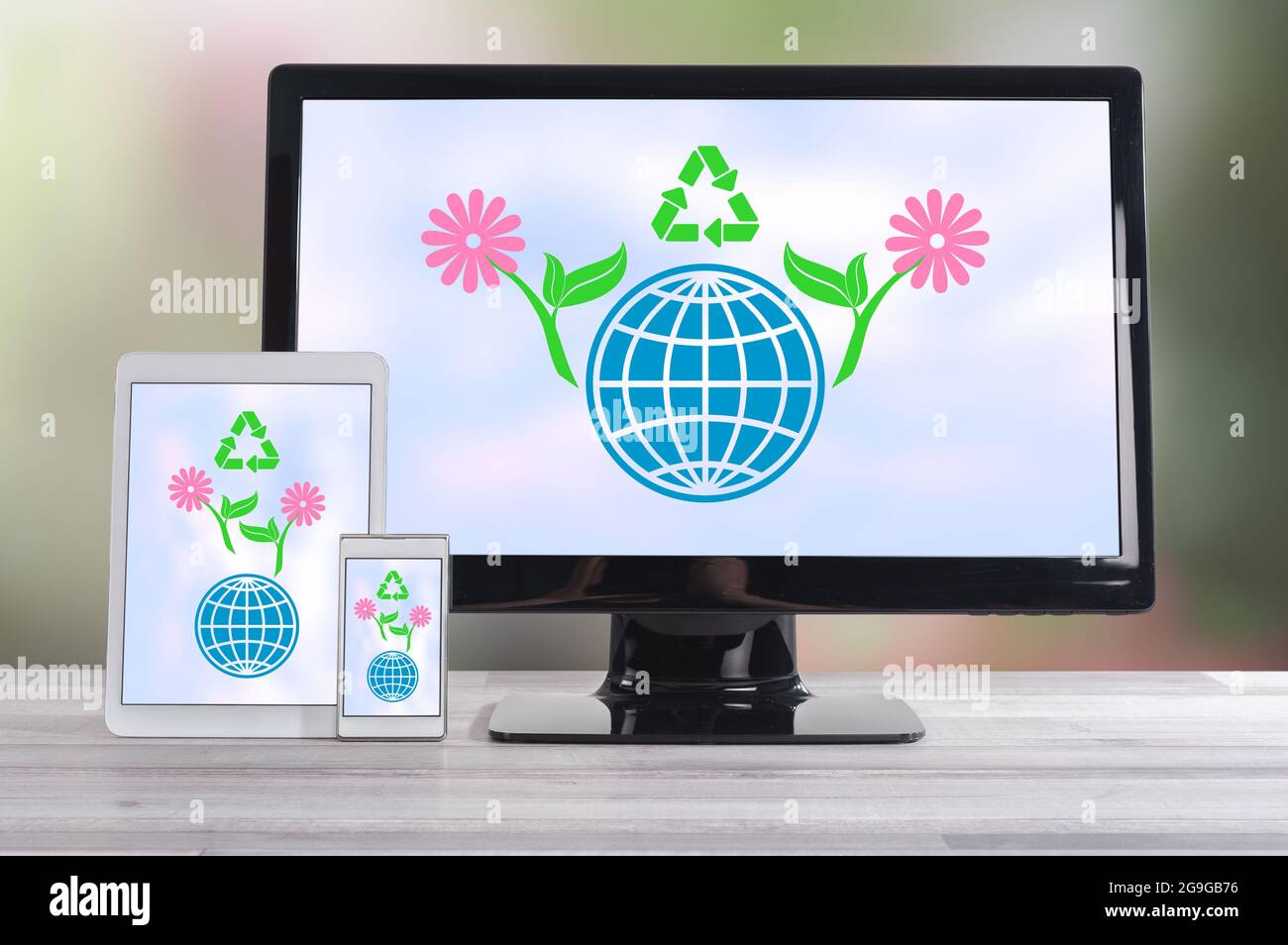 Recycling concept shown on different information technology devices Stock Photo