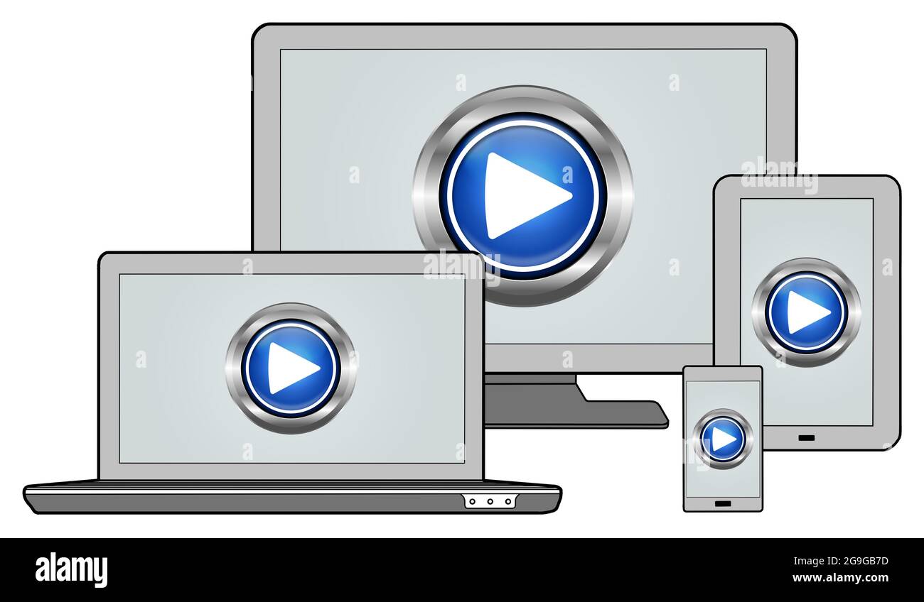 Play concept shown on different information technology devices Stock Photo