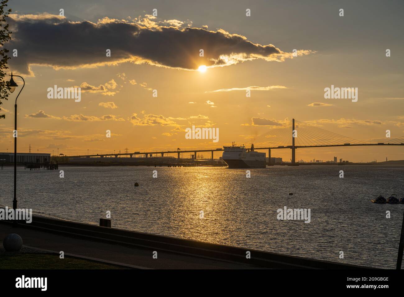 The Dartford Bridge across the Thames between Dartford and Thurrock at sunset from riverside at