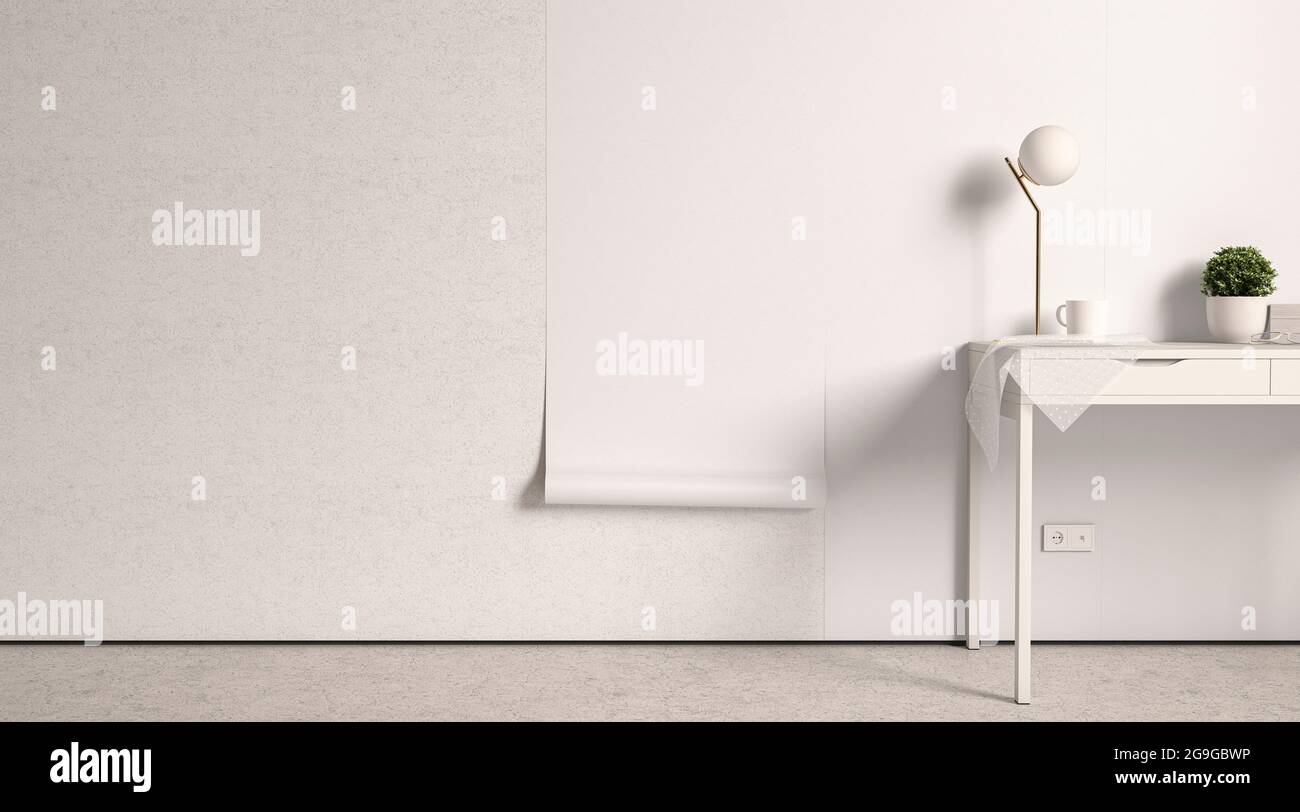 Blank white interior wallpaper twisted mockup on wall, front view, 3d rendering. Empty apartment or office backdrop with wallpapering mock up. Indoors Stock Photo