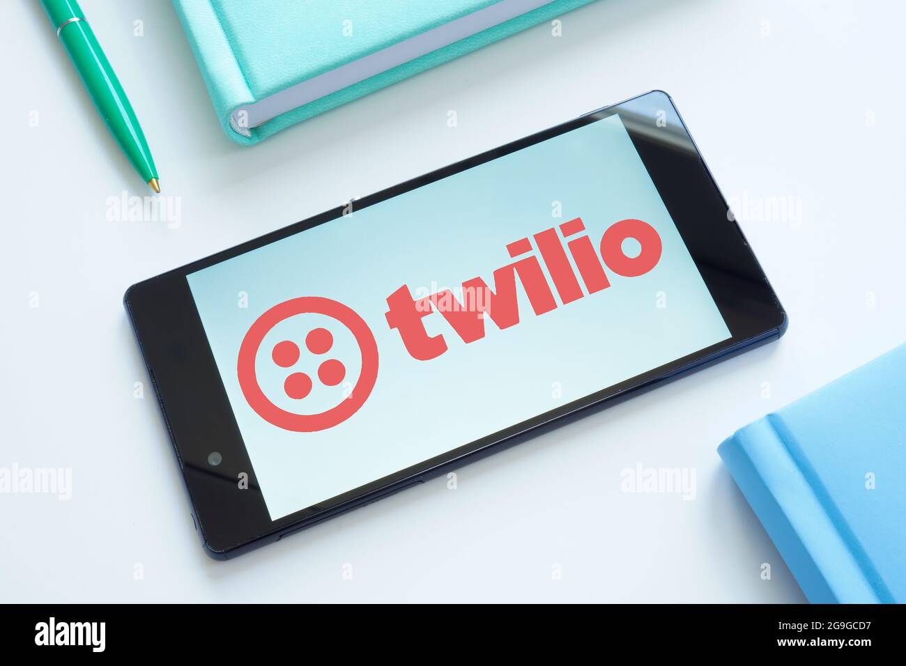 KYIV, UKRAINE - June 30, 2021. Twilio logo on the screen of smartphone. Stock Photo