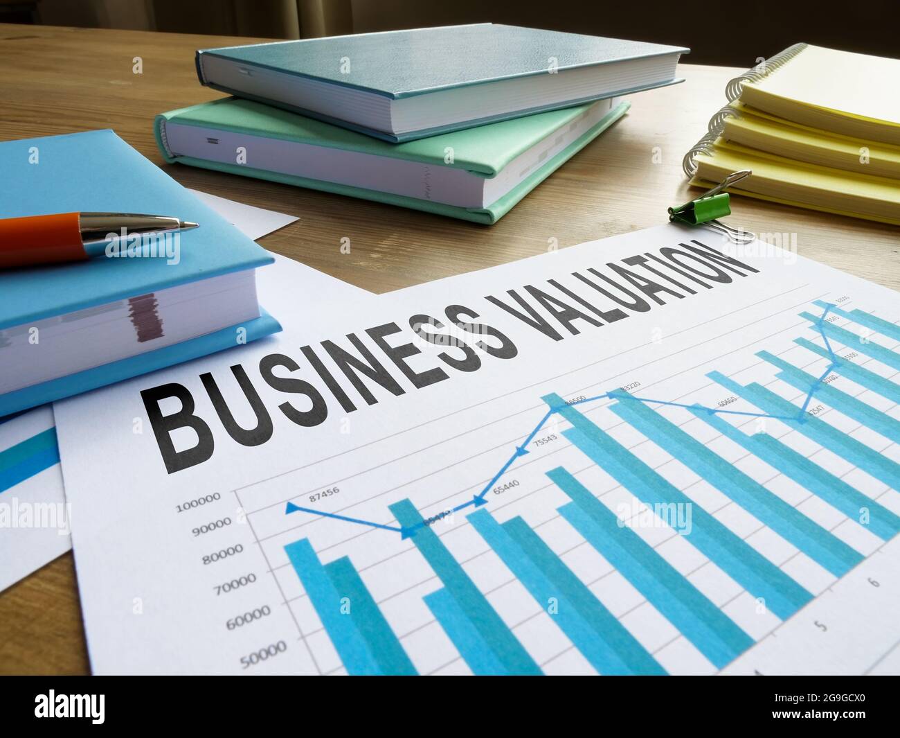 Papers with business valuation in the charts. Stock Photo