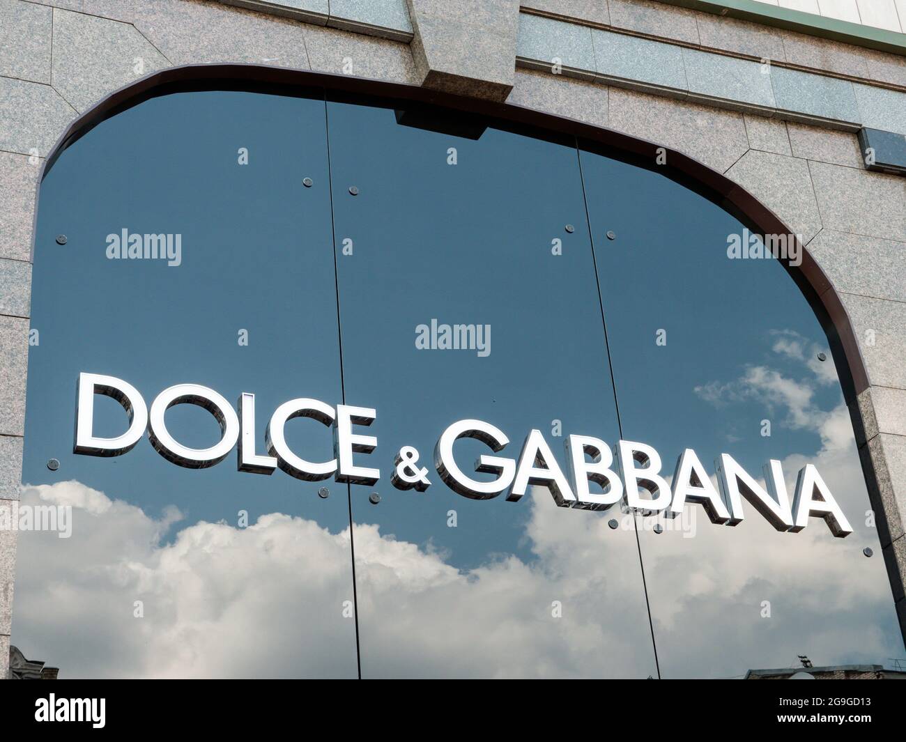 KYIV, UKRAINE - July 25, 2021. Dolce and gabbana brand logo on the wall. Stock Photo
