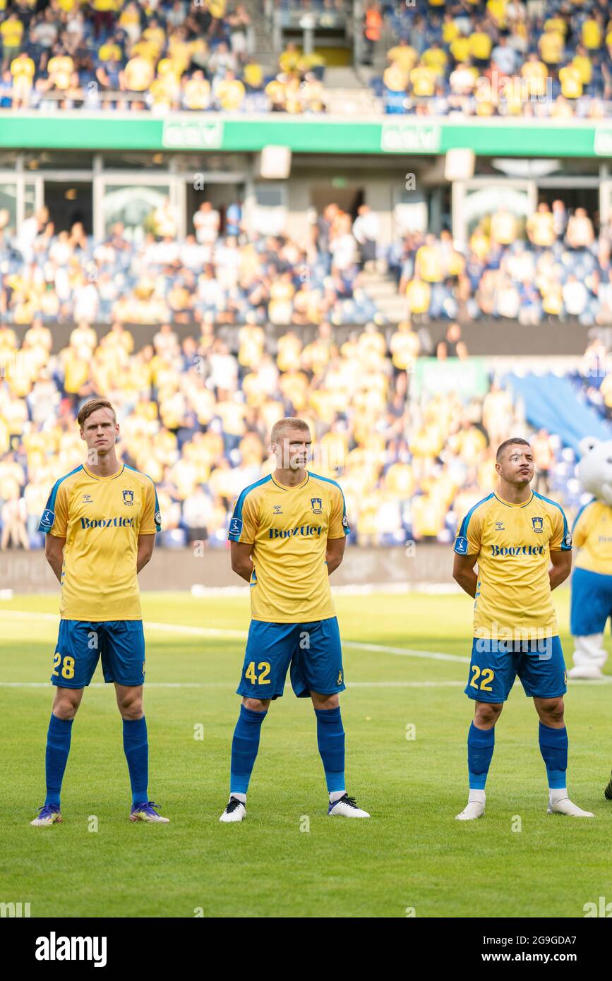 Broendby, Denmark. 25th July, 2021. Anton Skipper (28), Tobias Borkeeiet (42) and Josip Radosevic (22) of Broendby IF seen during the 3F Superliga match between Broendby IF and Viborg FF at Broendby Stadion in Broendby. (Photo Credit: Gonzales Photo/Alamy Live News Stock Photo