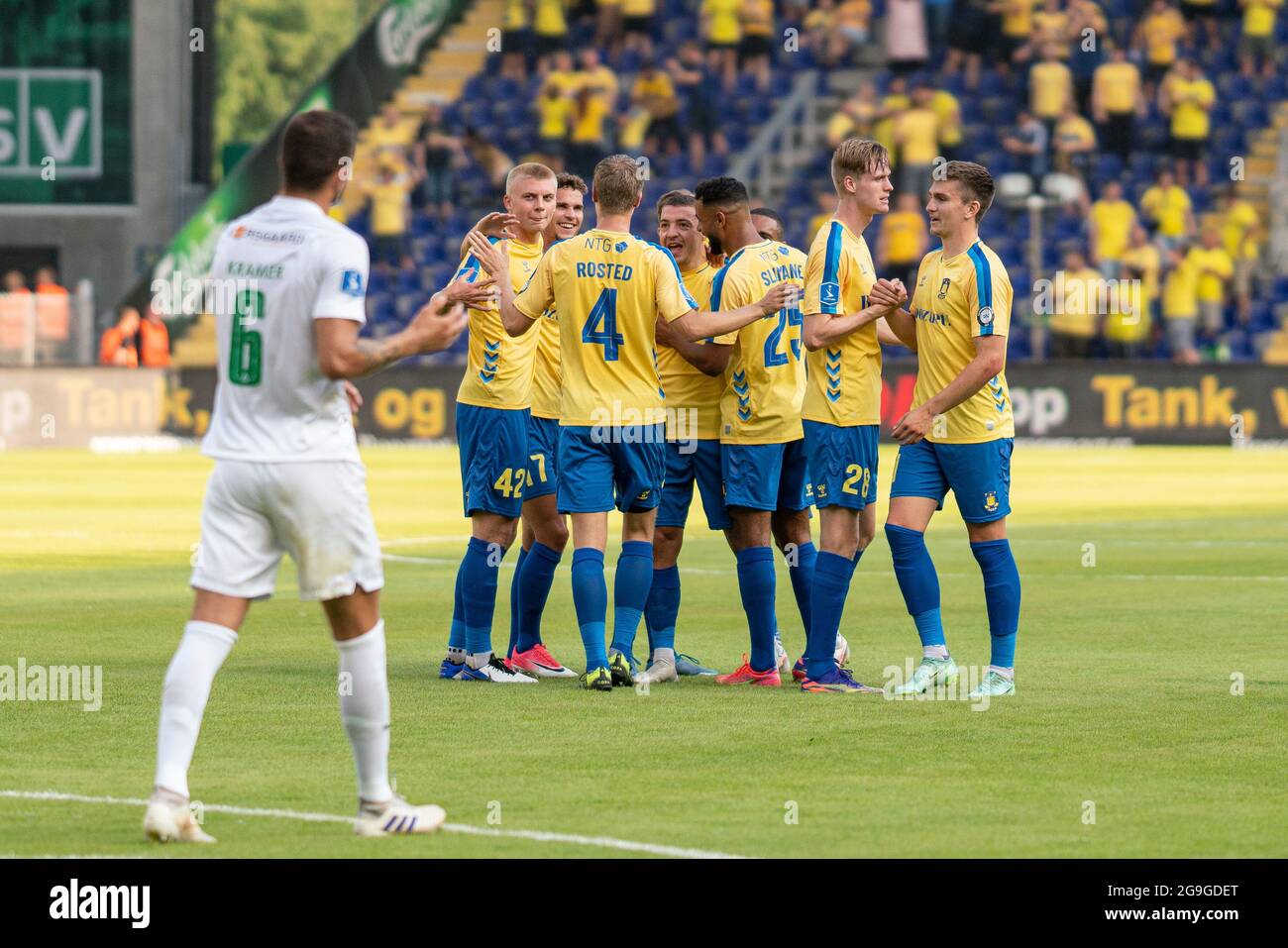 Broendby, Denmark. 25th July, 2021. Josip Radosevic (22) of Broendby IF scores for 1-0 during the 3F Superliga match between Broendby IF and Viborg FF at Broendby Stadion in Broendby. (Photo Credit: Gonzales Photo/Alamy Live News Stock Photo