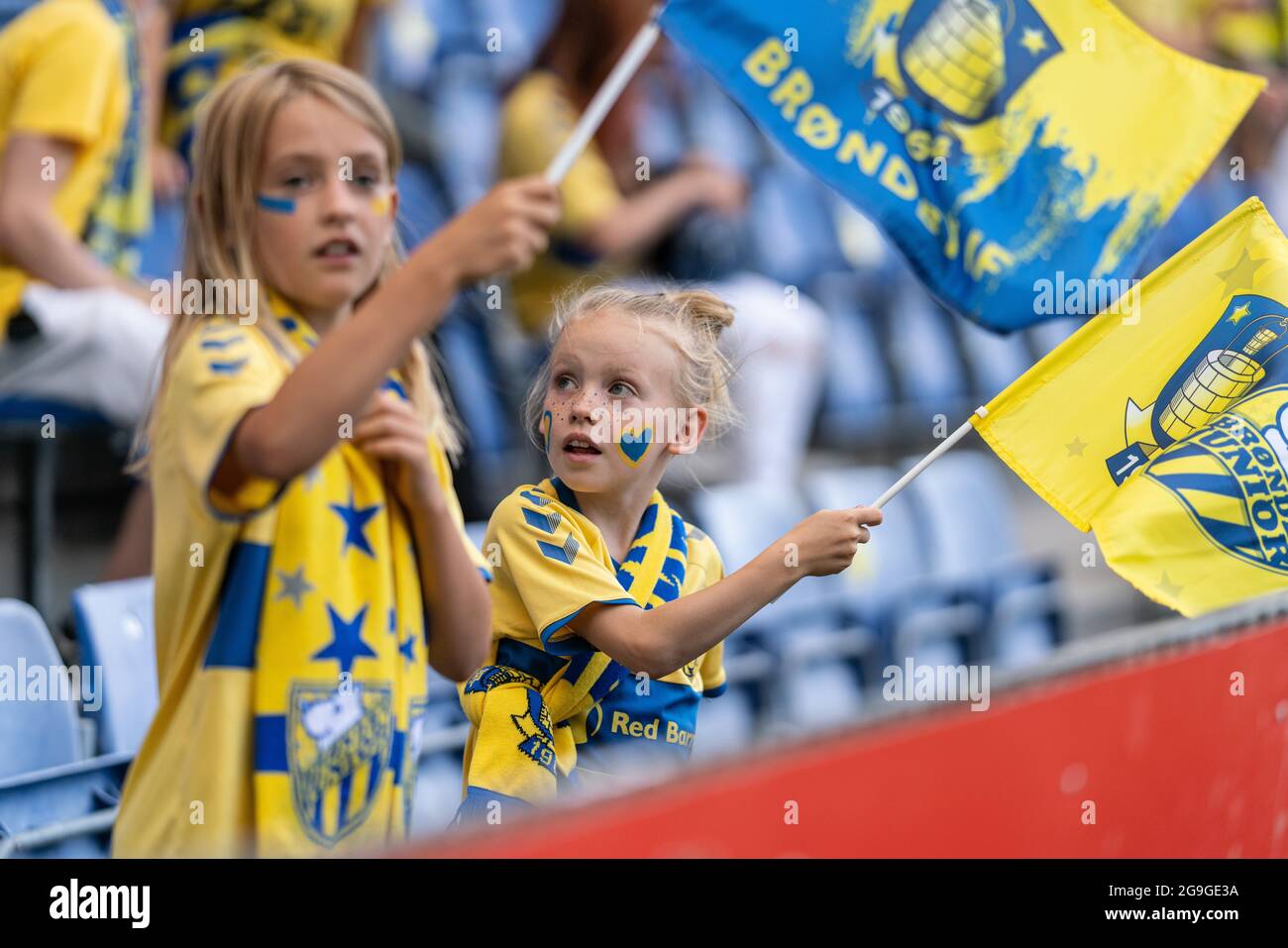 Broendby, Denmark. 25th July, 2021. Young football fans of Broendby IF seen on the stands during the 3F Superliga match between Broendby IF and Viborg FF at Broendby Stadion in Broendby. (Photo Credit: Gonzales Photo/Alamy Live News Stock Photo