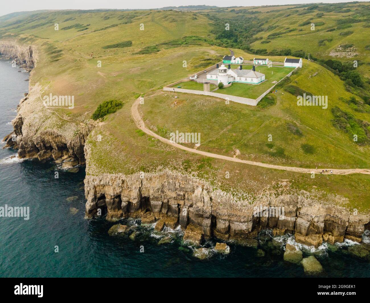 Aerial view of Anvil Point Lighthouse on the Jurassic Coast in Dorset, south west England Stock Photo